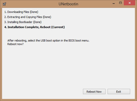 Unetbootin Reboot Dialog